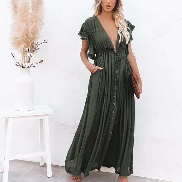 New Bohemian Long Olive Gauze Maxi Summer Dress - Picture 6 of 11